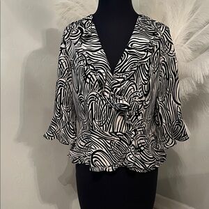 Jones New York Black & White Abstract Ruffle Wrap Blouse